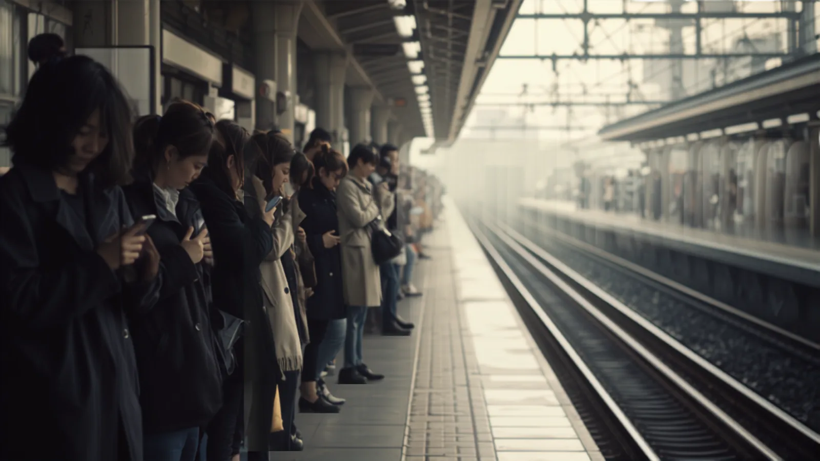 駅のホームでスマートフォンを見ながら電車を待つ人たち