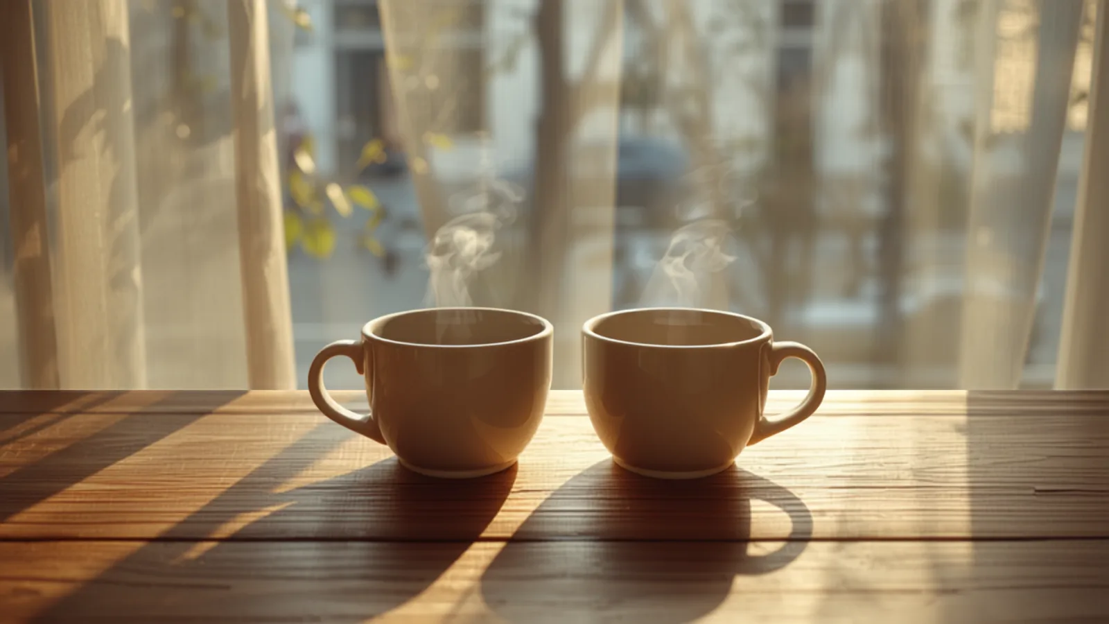 窓辺のテーブルに向かい合って置かれた2つのコーヒーカップ