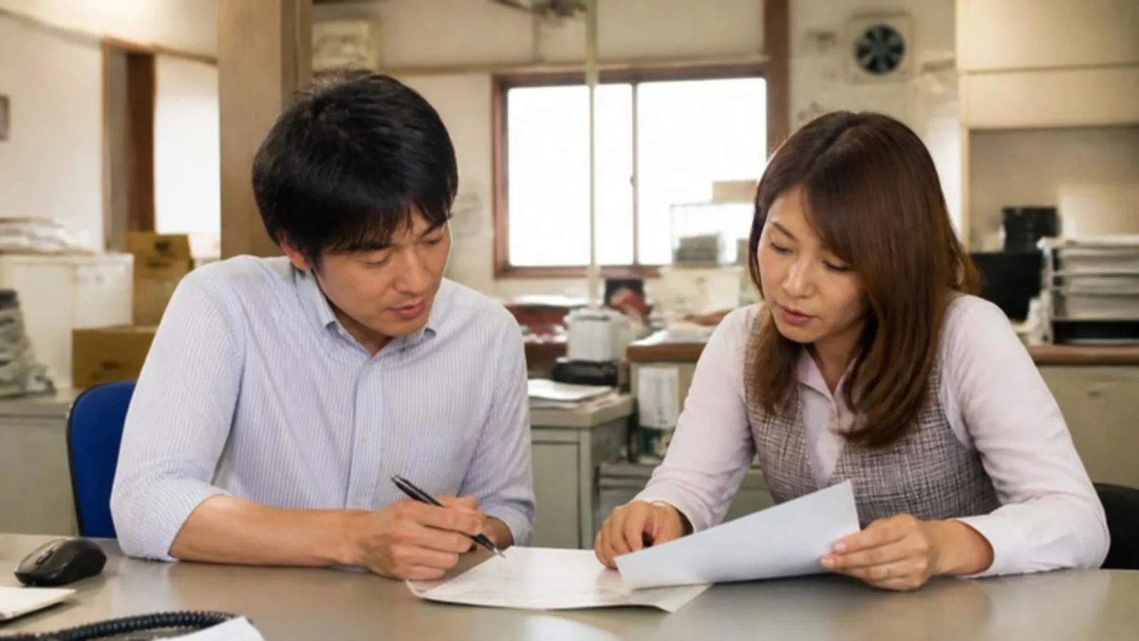 事務所の机で書類を見ながら話す2人