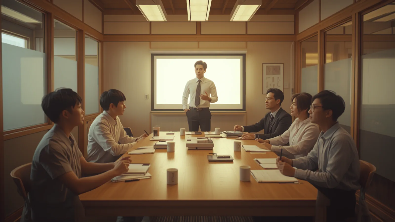 小さな会議室で行われる社内勉強会の様子