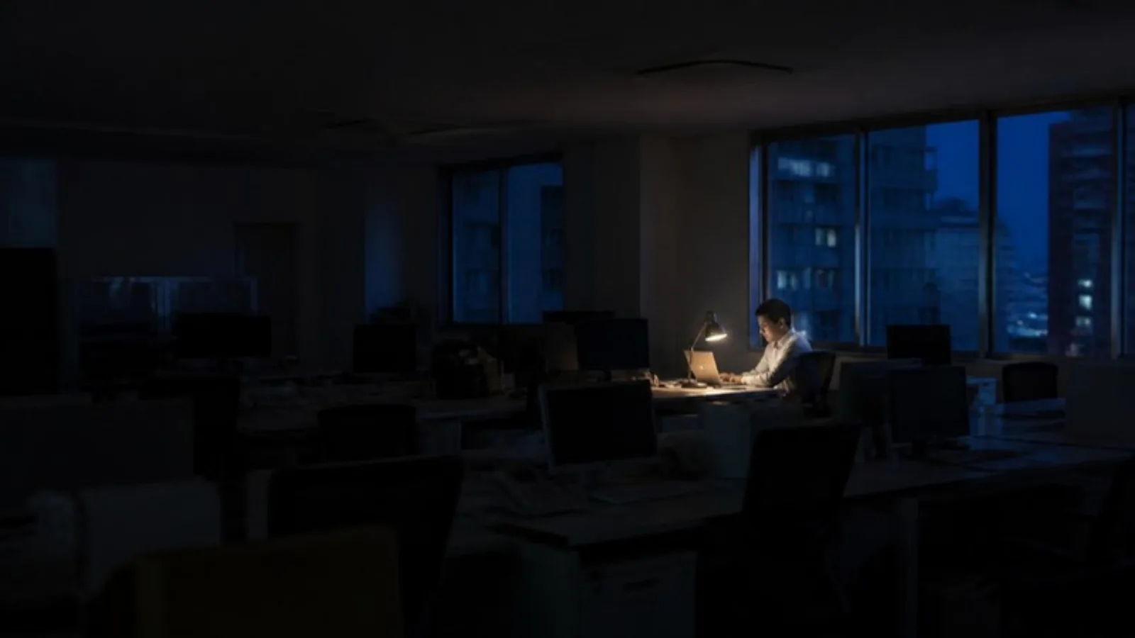 夕方のオフィスで一部の席だけ明かりがついている様子