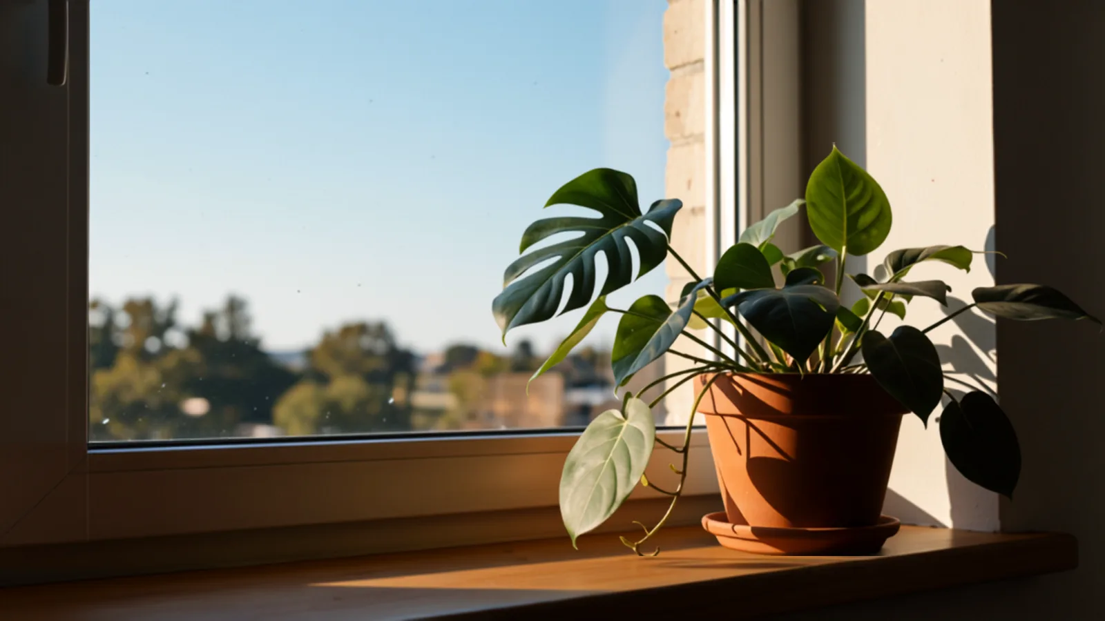 朝の光が差し込む窓辺に置かれた観葉植物