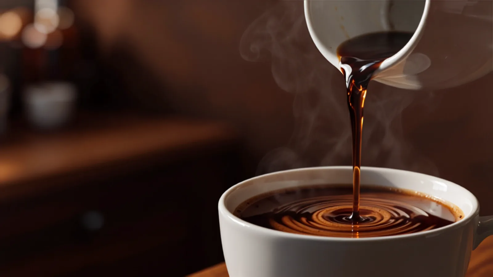 カップの縁近くまでコーヒーが注がれていくマクロ写真