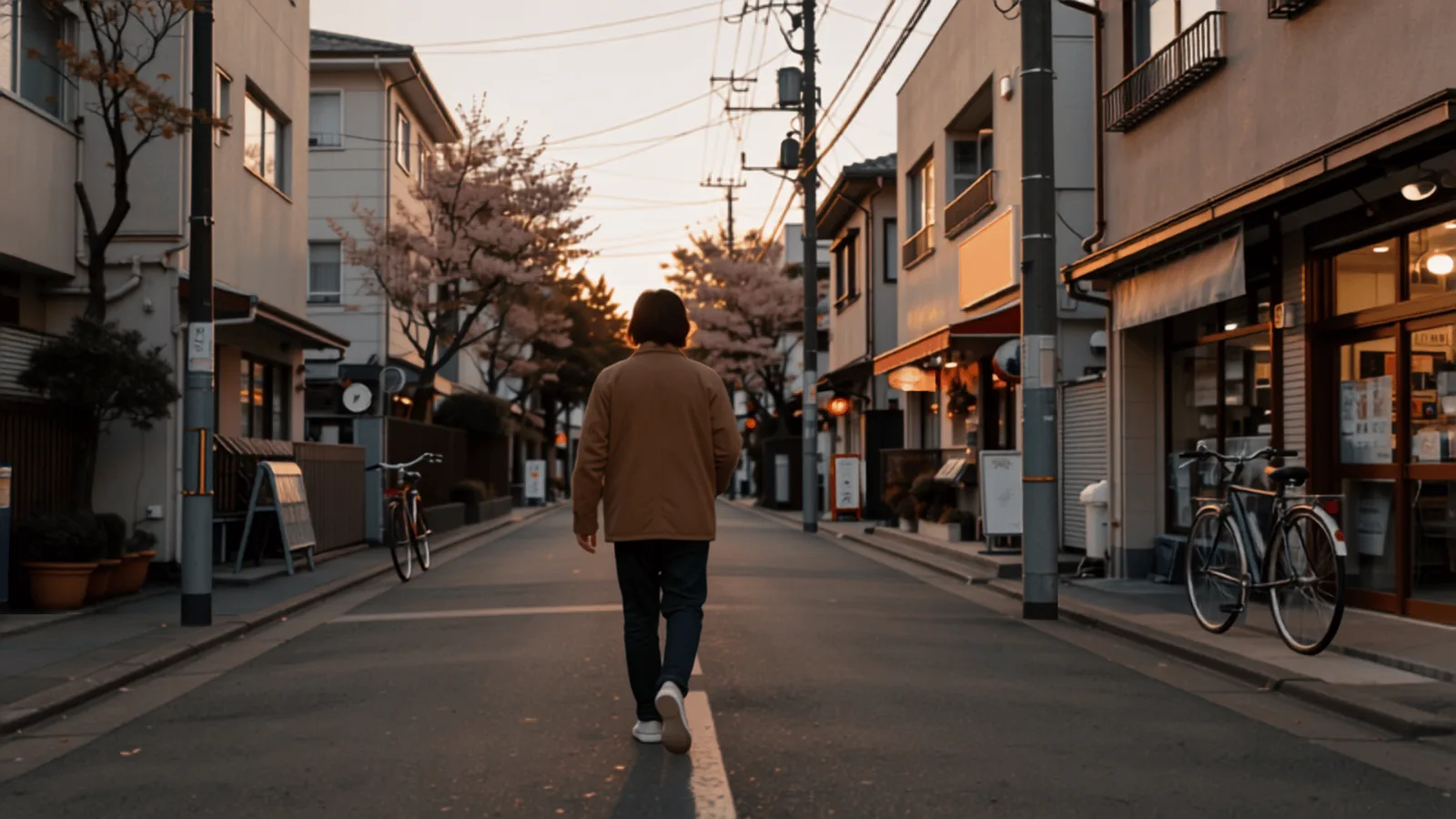 夕暮れの街を歩く人
