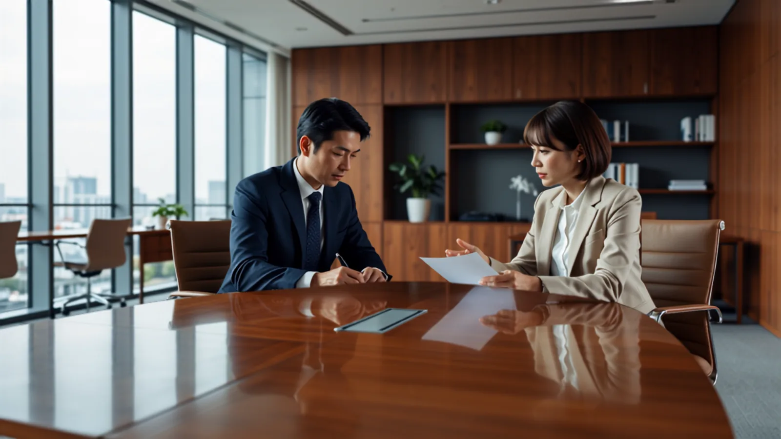 オフィスで2人が打ち合わせをしている様子。商談前の準備のイメージ