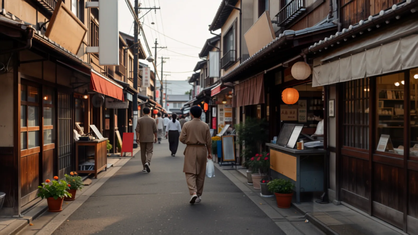 朝の商店街でシャッターを開ける店が並ぶ。業種ごとに一日の始まりが違う