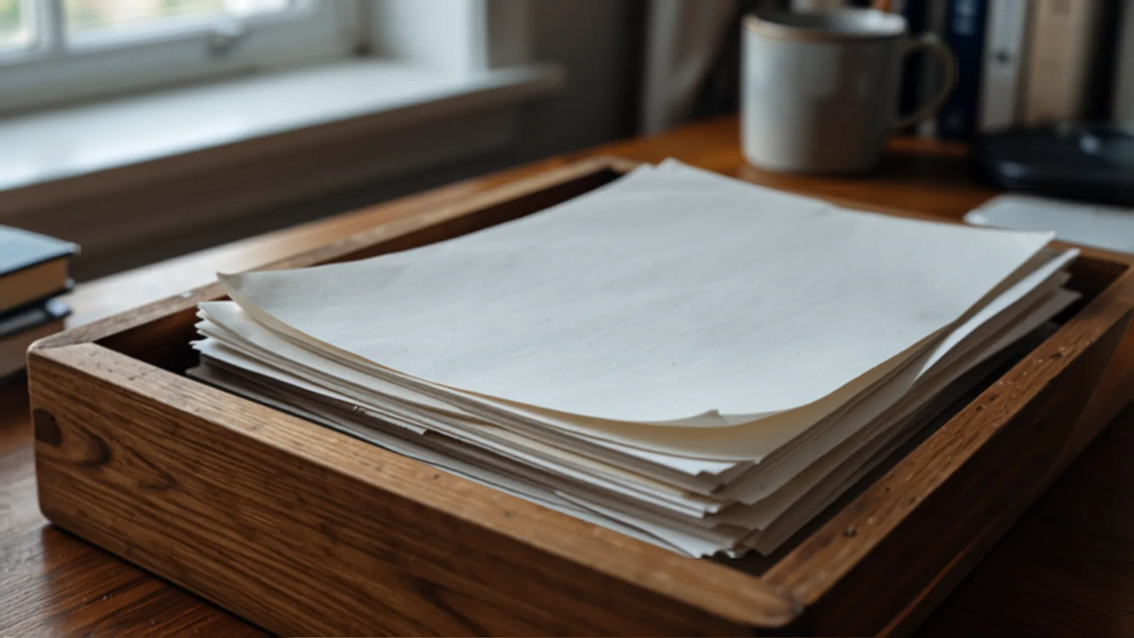 木のトレイに重なった書類の寄り。どの会社にもある書き仕事