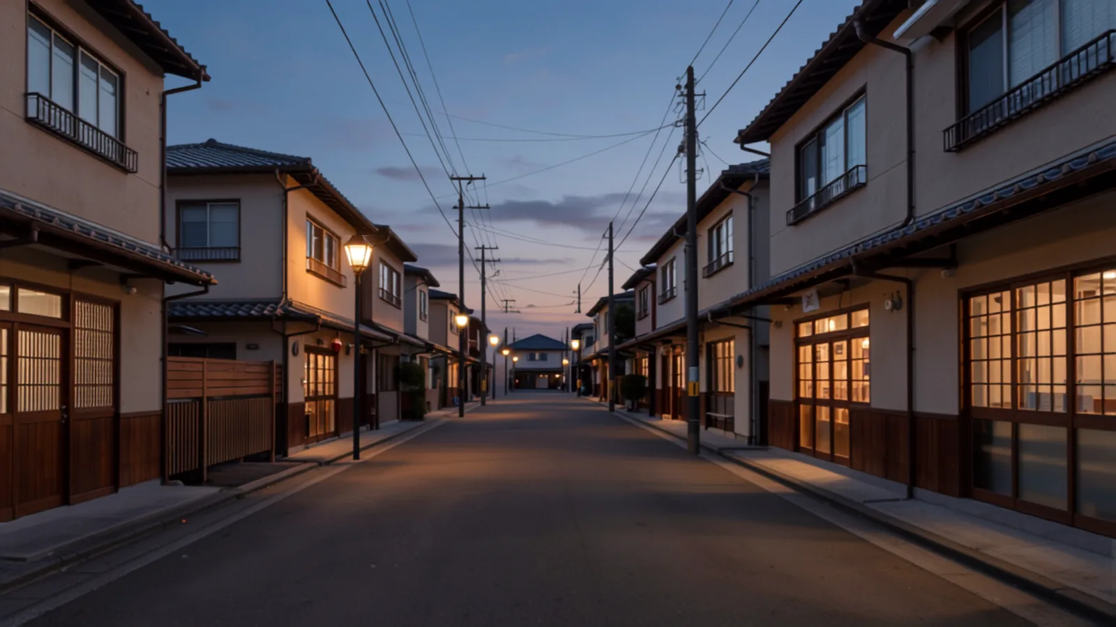 夕暮れの通りに、明かりのついた小さな事務所が並ぶ